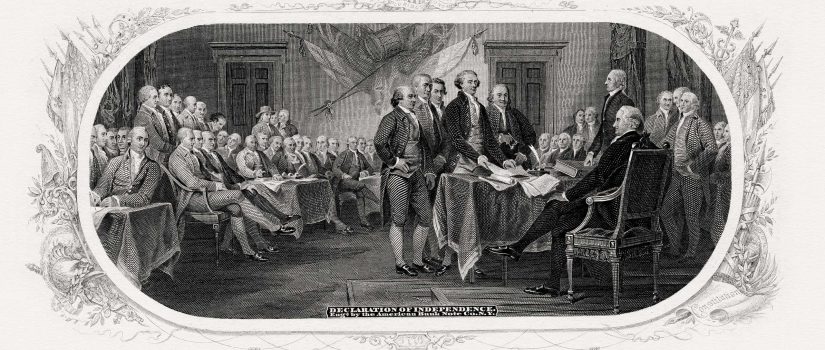 Bureau of Engraving and Printing engraved vignette of John Trumbull’s painting Declaration of Independence (c. 1818). Engraving by Frederick Girsch. Scanned from an original impression, part of a Treasury Department presentation album of portraits and vignettes (c. 1902), possibly presented to Lyman Gage. (Epson 10000XL scanner @2400dpi). For Independence Day 2024 Blog Post